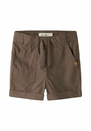 Hnedé detské šortky z bavlny s elastickým pásom, predným šnúrkom, dvoma vreckami a skladanými lemami.