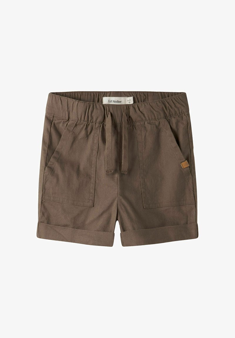 Shorts en coton brun pour tout-petit avec taille élastique, cordon de serrage à l'avant, deux poches et ourlets revers.