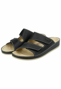 Sorte slidssandaler med to justerbare stropper. Fremstillet af struktureret syntetisk læder, med en lysefarvet fodseng og stikninger i kanten.