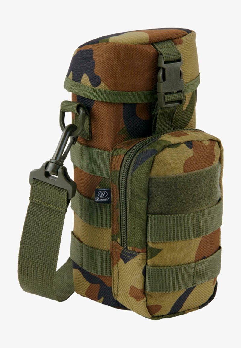 Taktička torbica s kamuflažnim uzorkom, izrađena od izdržljive tkanine, s bočnom džepom na zatvarač, MOLLE trakama i karabinom za pričvršćivanje.