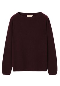 Burgundijas dzija adīts džemperis, apaļš kakls, garas piedurknes, ribota aproce un apakša, mīksta tekstūra, brīvs piegriezums, bez redzamām rakstu un detaļām.