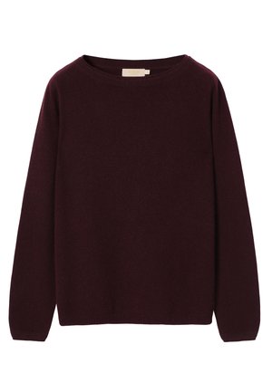 Burgundin neulepaita, pyöreä kaula-aukko, pitkät hihat, ribbaatut hihansuut ja helma, pehmeä texture, rento istuvuus, ei näkyviä kuvioita tai metalliosia.