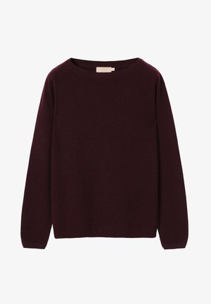Bordowy sweter z dzianiny, okrągły dekolt, długie rękawy, ściągacze przy mankietach i u dołu, miękka tekstura, luźny krój, brak widocznych wzorów i elementów metalowych.