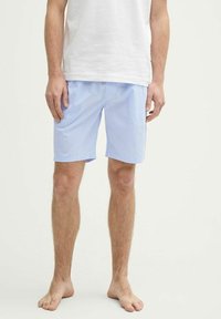 Lichtblauwe gestreepte shorts van ademend materiaal, met een elastische tailleband en een comfortabele pasvorm, gecombineerd met een eenvoudig wit T-shirt.