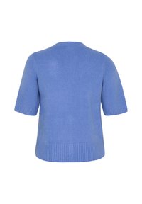 Pull à manches courtes, bleu clair, en matière douce et côtelée ; présente un col rond et une coupe décontractée avec un ourlet côtelé.
