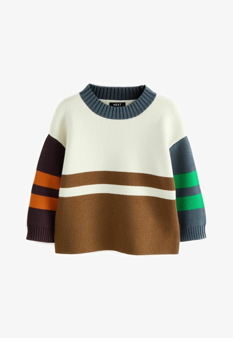 Maglione lavorato a maglia con colletto rotondo, caratterizzato da strisce in crema, marrone, arancione e verde. Polsini a coste e forma quadrata.