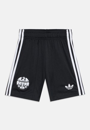 Sorte atletikshorts med hvide sidelister, elastisk linning, Eintracht Frankfurt-logo på venstre ben og Adidas trefoil-logo på højre ben.