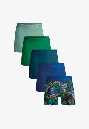 Fünf Paar Herren-Boxershorts in verschiedenen Grüntönen und Blau, das vordere Paar mit einer Dinosaurier-Grafik. Weiches Material, elastischer Bund.