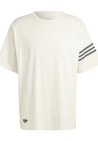 Cream-colored cotton t-shirt with a round neckline, short sleeves, and three charcoal grey stripes on the left sleeve. Features small black logo.