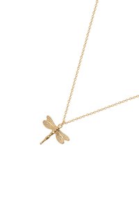 Gold chain necklace with a detailed dragonfly pendant featuring textured wings and a slender body on a white background.