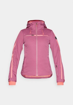 Purple and pink Spyder brand women's hooded ski jacket with front zippers and adjustable cuffs.
