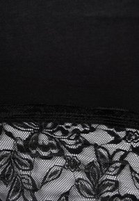 Schwarze Spitze mit floralem Muster am unteren Rand, darüber ein einfarbiges schwarzes Material, das eine glatte Textur und zarte Verzierungen aufweist.