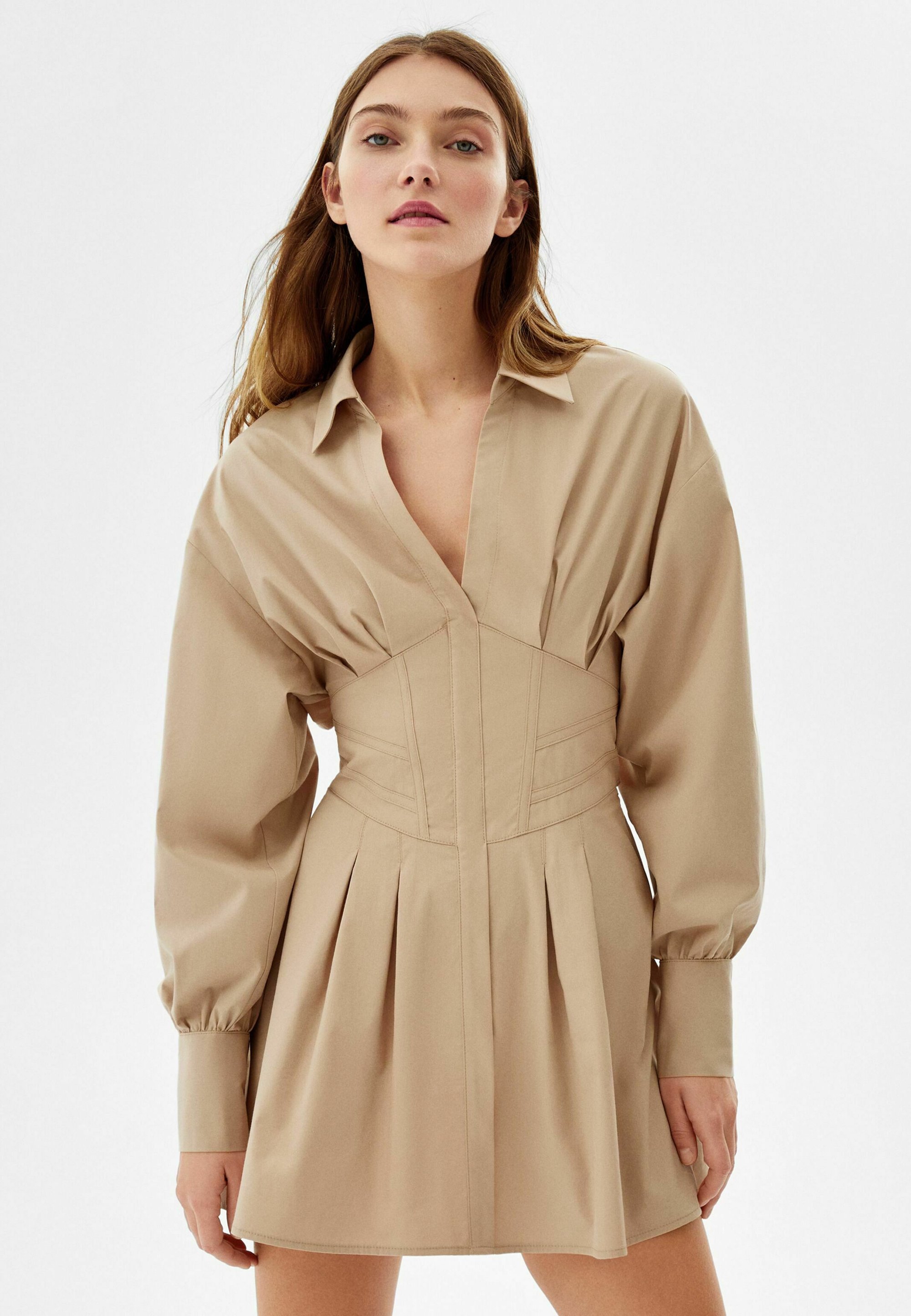 Bershka - POPLIN WITH CORSET DETAIL - Rochie tip cămașă - camel