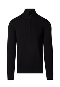 Czarny sweter z ćwiartkowym suwakiem wykonany z lekkiego dzianinowego materiału. Posiada długie rękawy, ściągacze przy mankietach i u dołu oraz gładką fakturę.