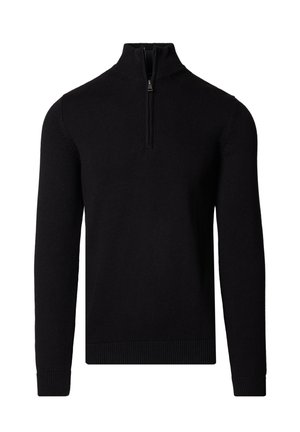 Czarny sweter z ćwiartkowym suwakiem wykonany z lekkiego dzianinowego materiału. Posiada długie rękawy, ściągacze przy mankietach i u dołu oraz gładk ą fakturę.