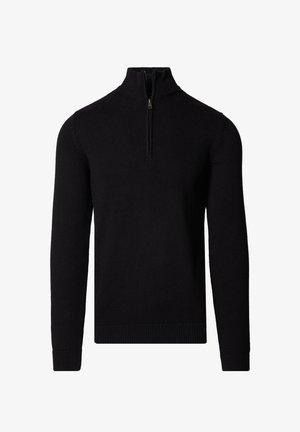 Czarny sweter z ćwiartkowym suwakiem wykonany z lekkiego dzianinowego materiału. Posiada długie rękawy, ściągacze przy mankietach i u dołu oraz gładką fakturę.