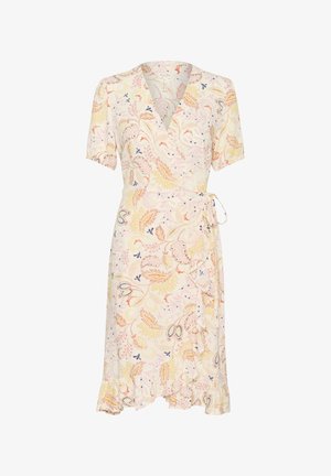 Floral wrap dress in light pastel colors, made from soft fabric. Features short sleeves, ruffled hem, and a tied belt for fit adjustment.
