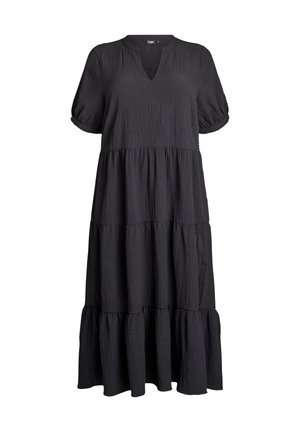 Vestido midi negro de manga corta con tela texturizada, falda en capas, escote en V y puños enrollados en las mangas.