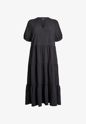 Vestido midi negro de manga corta con tela texturizada, falda en capas, escote en V y puños enrollados en las mangas.