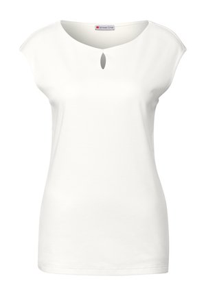 Weißes Kurzarmoberteil mit einem weit geschnittenen Ausschnitt und einem kleinen Schlitzdetail in der Mitte. Hergestellt aus einem glatten, dehnbaren Material.