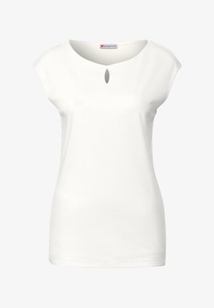 Weißes Kurzarmoberteil mit einem weit geschnittenen Ausschnitt und einem kleinen Schlitzdetail in der Mitte. Hergestellt aus einem glatten, dehnbaren Material.