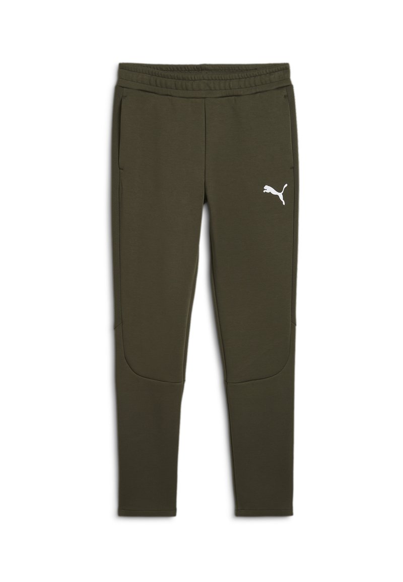 Olivovo zelené tepláky s textúrovaným povrchom, elastickým pásom, bočnými vreckami a bielym logom Puma na ľavom stehne.