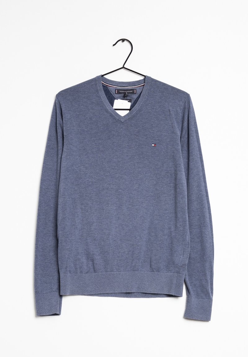 V-neck sweater in heathered navy blue fabric. Features long sleeves, ribbed cuffs and hem, and a small logo accent on the left side.