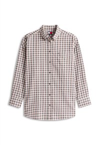 Camicia a maniche lunghe con bottoni e motivo a quadri nei colori marrone, bordeaux e crema. Realizzata in cotone con una tasca sul petto.