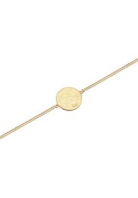 Guldarmband med ett texturerat runt hänge, med en kedjedesign. Hängsmycket är stämplat med "925", vilket indikerar silverinnehåll.