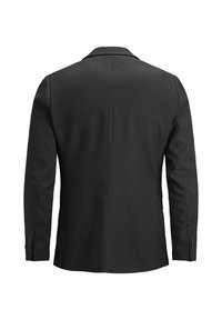 Blazer noir ajusté avec une fente simple, des épaules structurées et des poignets à trois boutons. Tissu lisse avec une coupe moderne et élégante.