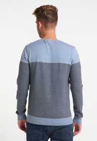 Homme portant un pull en maille bicolore bleu et un jean bleu foncé, vu de dos sur un fond blanc uni.
