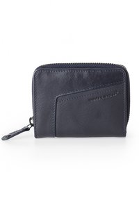 Portafoglio in pelle blu navy con chiusura a zip, dotato di una tasca frontale e logo impresso. Texture liscia e design essenziale.