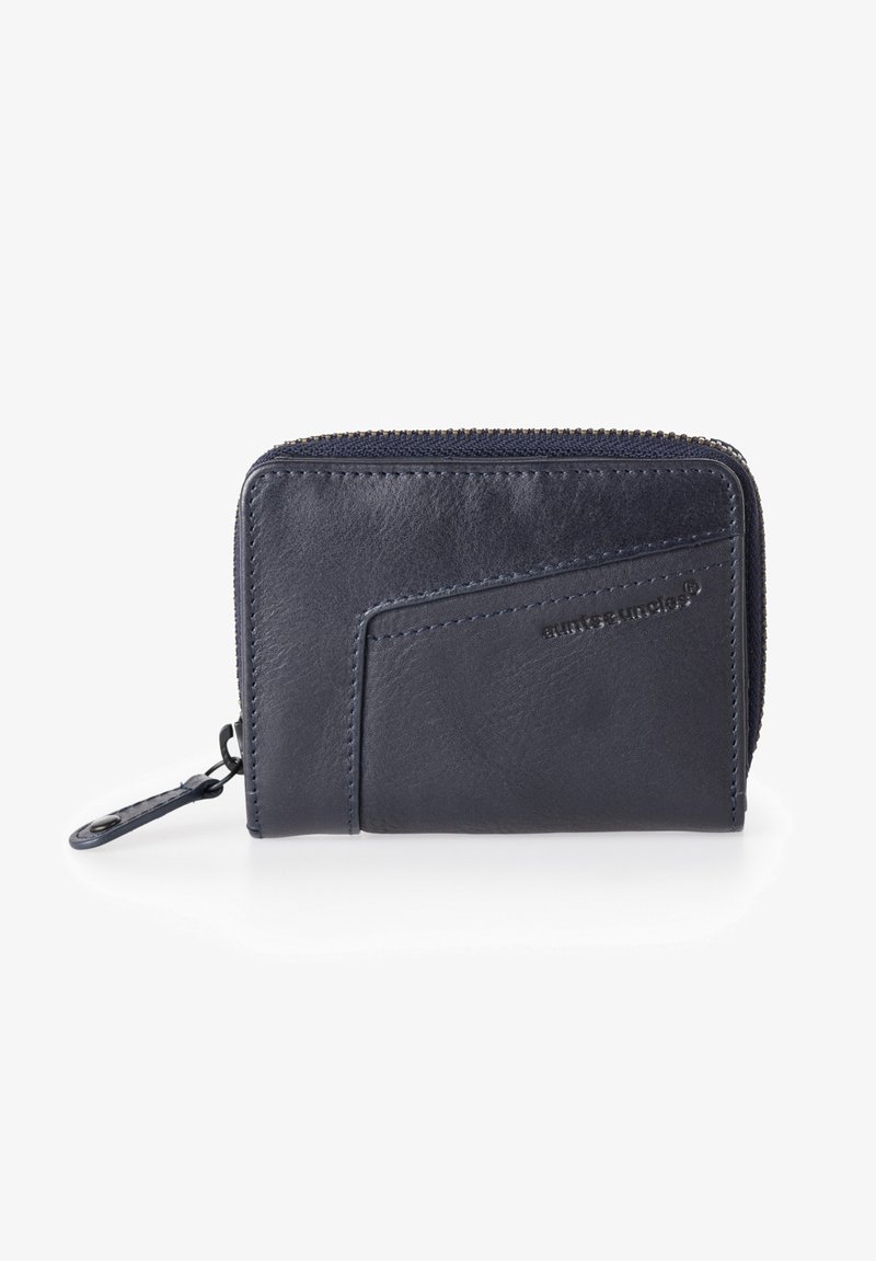 Navy leather wallet with zip closure, featuring a front pocket and embossed logo. Smooth texture and streamlined design.