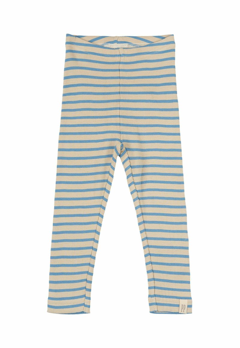 Leggings a righe in beige e azzurro chiaro. Realizzati in tessuto a costine con una vita elastica e un piccolo logo sul bordo.