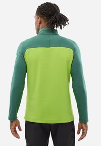 Fleece jacket with a high collar, featuring a green body and dark green sleeves. Smooth texture and lightweight design for comfort.