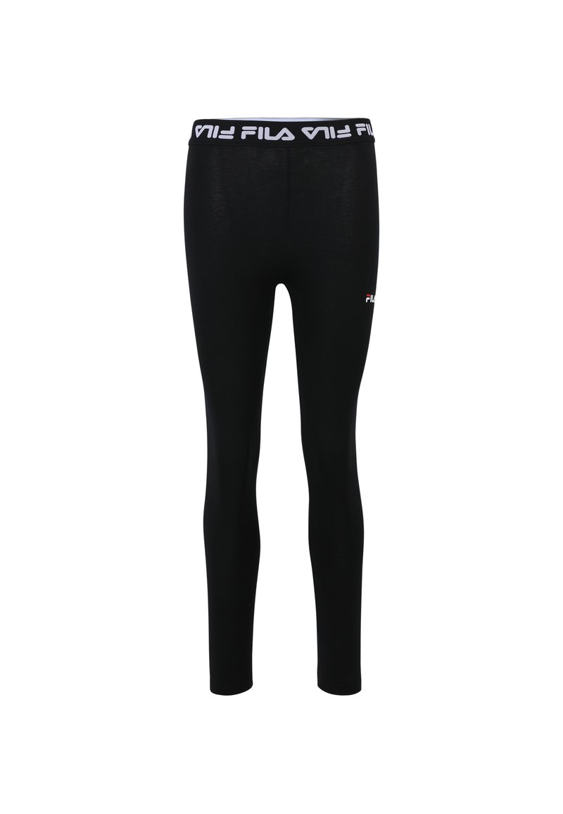 Leggings neri con un design aderente, realizzati in materiale elastico. Presentano un logo FILA bianco sulla vita e sulla parte inferiore della gamba sinistra.