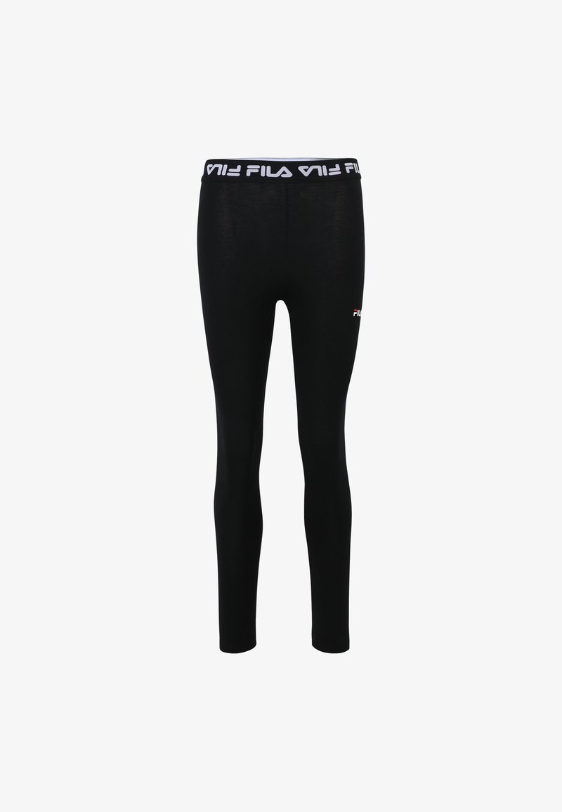 Leggings neri con un design aderente, realizzati in materiale elastico. Presentano un logo FILA bianco sulla vita e sulla parte inferiore della gamba sinistra.