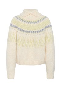 Crème wollen sweater met een opgevouwen kraag, voorzien van een patroon van gele, groene en grijze geometrische ontwerpen op de schouders en mouwen.