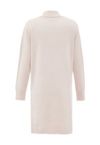 Helles rosa Strickkleid mit geripptem Kragen und Bündchen, überschnittenen Schultern und einem mittellangen Schnitt mit seitlichen Schlitzen.