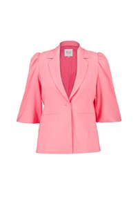 Roze blazer met opgestoken mouwen, enkele knoopsluiting, gekartelde revers en zijzakken. Gladde stof met een getailleerde pasvorm.