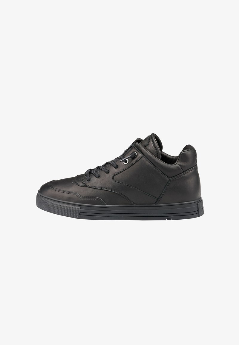 Black leather low-top sneaker with lace-up closure, padded collar, and rubber sole, shown from the outer side on a white background.