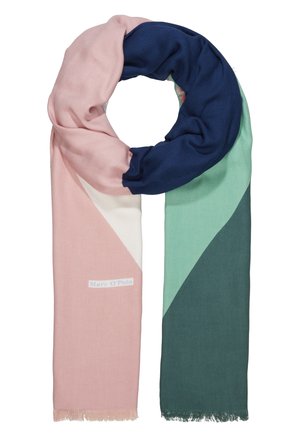 Écharpe en tissu doux avec des blocs de couleur rose, bleu marine, vert clair et vert foncé, avec une petite étiquette cousue.
