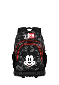 Mochila negra con diseño de Mickey Mouse, acentos rojos y múltiples compartimentos con cremalleras. El texto dice "MICKEY 28" en negrita.