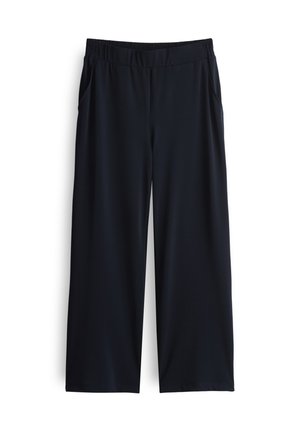 Schwarze weite Hosen aus glattem, leichtem Stoff. Mit einem elastischen Bund und seitlichen Taschen. Für eine lässige Passform maßgeschneidert.