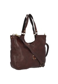 Bruine leren schoudertas met dubbele schouderbanden en een verstelbare crossbody band. Kenmerkt zich door een gestalde accent aan de voorkant.