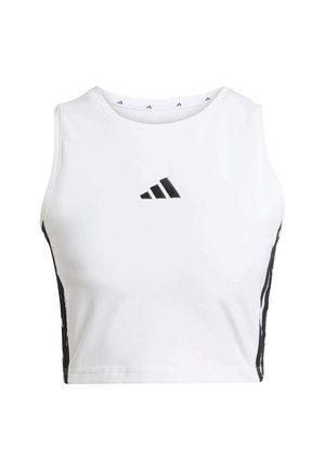 Top corto bianco senza maniche con accenti neri e logo, caratterizzato da un design aderente e una texture liscia, ideale per l'abbigliamento sportivo.