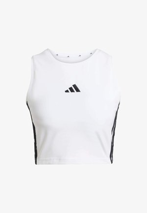 Haut court blanc sans manches avec des accents noirs et logo, présentant une coupe ajustée et une texture lisse, idéal pour les tenues sportives.