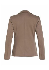 Blazer marron ajusté à manches longues, vu de dos, avec une couture centrale et un col à revers classique.