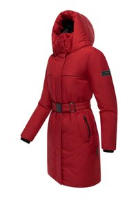 Red puffer coat with a high collar and detachable hood. Features a belted waist, zipper pockets, and black accents on cuffs and sleeve.