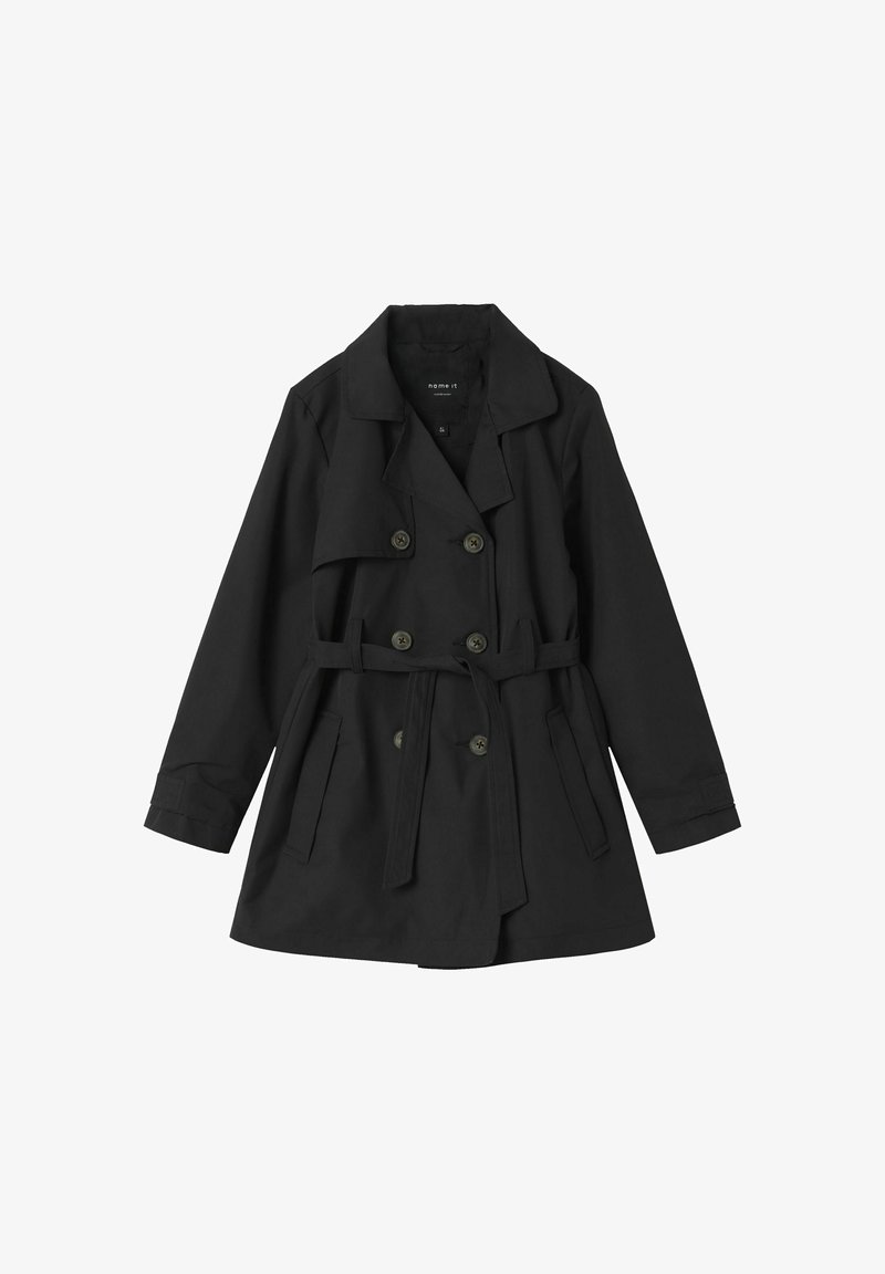 Melnā trenci jaka ar dubultajām pogām, josta ap vidu, divām priekšējām kabatām un klasisku apkakles dizainu. Gluda auduma tekstūra.